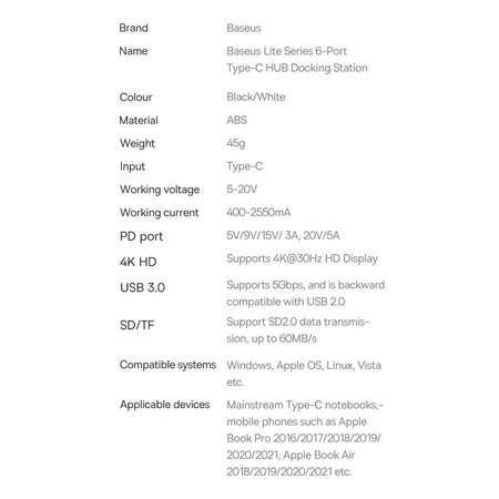 Baseus Lite Series multifunktionaler HUB USB Typ C - 2 x USB 3.0 / USB Typ C PD / HDMI 1,4 / SD / TF schwarz (WKQX050101)