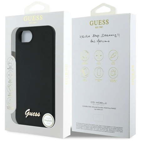 Guess Silicone Script Metal Logo MagSafe iPhone 16e Case - Black