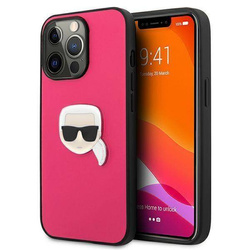 Original Handyhülle IPHONE 13 PRO Karl Lagerfeld Hardcase Leather Ikonik Karl`s Head Metal (KLHCP13LPKMP) rosa