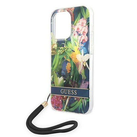 Oryginalne Etui IPHONE 14 PRO MAX Guess Hardcase Flower Strap (GUOHCP14XHFLSB) niebieskie