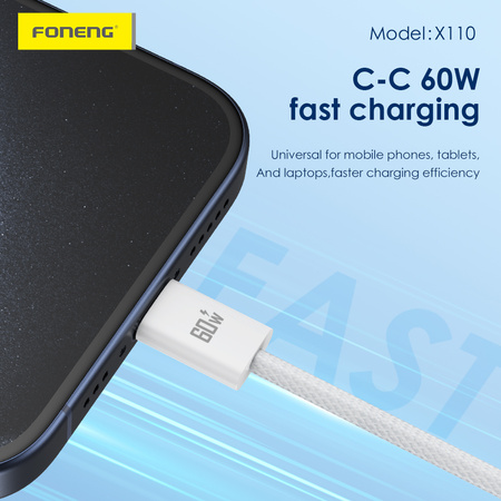 Foneng Kabel X110 - Typ C na Typ C - PD 60W 3A 1,2 metr biały