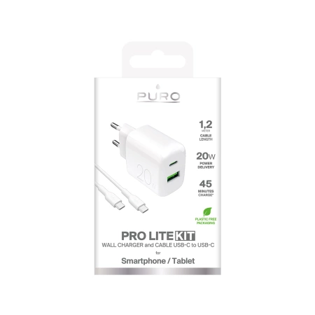Puro PROLITE 20W USB-A / USB-C wall charger + USB-C - USB-C cable 1.2m - white