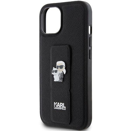Karl Lagerfeld Gripstand Saffiano Karl&Choupette Pins Hülle für iPhone 15 Plus / 14 Plus – Schwarz