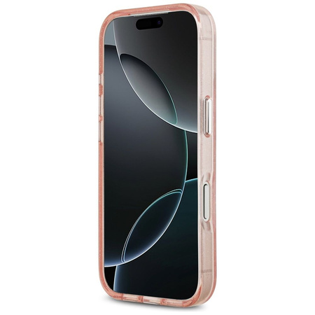 Karl Lagerfeld nakładka Magsafe IML glitter case metal camera frame and buttons Karl and Choupette heads on KL repeated logo do iPhone 17 Pro różowa