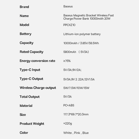 Baseus Magnetic Bracket powerbank z bezprzewodowym ładowaniem MagSafe 10000mAh 20W Overseas Edition biały (PPCX000202) + kabel USB Typ C Baseus Xiaobai Series 60W 0,5m