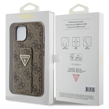 Etui Guess Grip Stand 4G Triangle Strass na iPhone 15 - brązowe