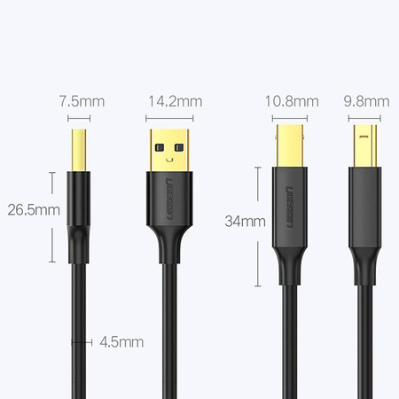 UGREEN US135 Kabel USB 2.0 A-B do drukarki, pozłacany, 1m (czarny)