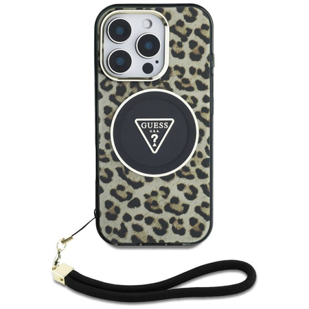 Oryginalne Etui IPHONE 16 PRO Guess HC IML Leopard Triangle Cord Strap brązowe