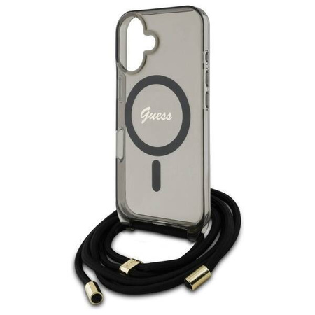 Original Handyhülle IPHONE 16 Guess Hardcase Crossbody Cord Script MagSafe (GUHMP16SHCTSGNSK) schwarz
