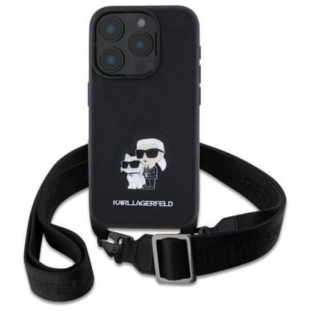 Original Handyhülle IPHONE 16 PRO Karl Lagerfeld Hardcase Saffiano Karl&Choupette Metal Pin CBDY Strap (KLHCP16LSAKCPBK) schwarz