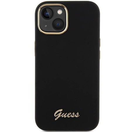 Guess Silikon Script Metal Logo &amp; Frame Hülle für iPhone 15 – Schwarz