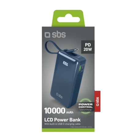 Powerbank SBS 10000 mAh 20W with built-in USB-C cable and digital display - dark gray