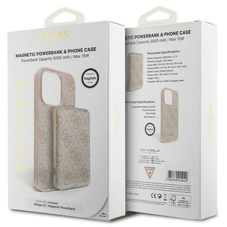 Zestaw Guess GUBPM5P15S4GEMGP iPhone 15 6.1" hardcase + Powerbank 5000mAh MagSafe różowy/pink 4G Metal Logo