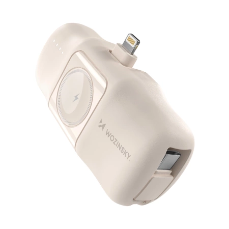 Mini powerbank Wozinsky WF16-YLS 5000mAh 15W Lightning z wbudowanym kablem USB-C i ładowarką do Apple Watch - beżowy