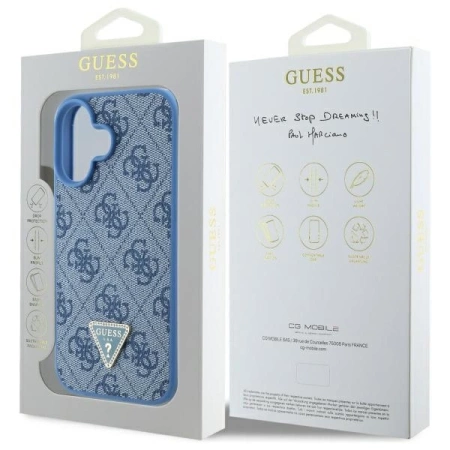 Etui Guess Hardcase Leather 4G Triangle Strass MagSafe na iPhone 16 - niebieskie