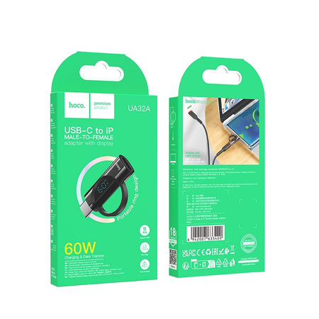 HOCO adapter Typ C (męski) do Lightning (żeński) z wyświetlaczem 3A 60W UA32A czarny