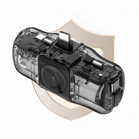 Wozinsky WF16-YCS 5000mAh 15W USB-C Mini Power Bank with Built-in USB-C Cable and Apple Watch Charger - Black