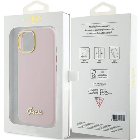 Guess Silikon Script Metal Logo & Frame Hülle für iPhone 15 – Rosa
