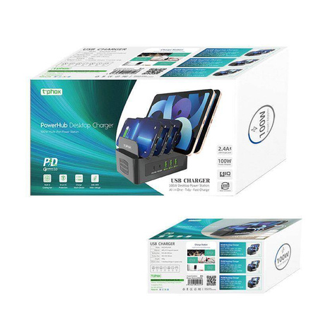 ŁAD SIEC T-PHOX POWERHUB DUAL PORT 100W 2xUSB-C/3xUSB STACJA DOKUJĄCA BLACK