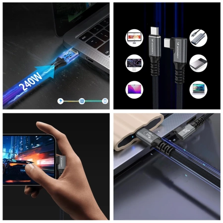 Kabel kątowy Wozinsky WPS2-UY41S USB-C Thunderbolt 4 240W 2m 4K - czarny