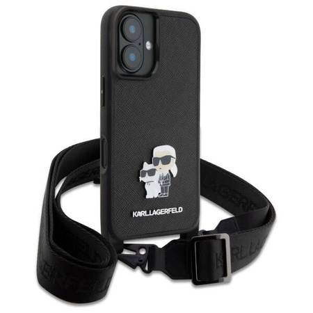 Original Handyhülle IPHONE 16 Karl Lagerfeld Hardcase Saffiano Karl&Choupette Metal Pin CBDY Strap (KLHCP16SSAKCPBK) schwarz