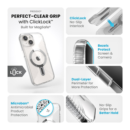 Speck Presidio Perfect-Clear Grip ClickLock & MagSafe - Etui iPhone 16e / iPhone 15 / iPhone 14 / iPhone 13 (Clear / Chrome Finish / Serene Silver)
