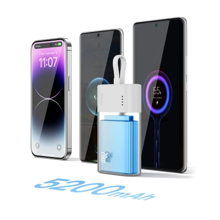 Powerbank Baseus Popsicle 5200mAh 20W z wbudowanym kablem Lightning (+ biały kabel Baseus Simple USB-C - USB-C 60W/20V/3A/30cm) - biało-zielony