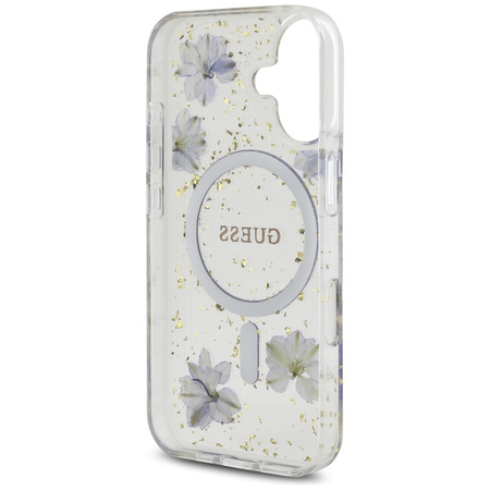 Oryginalne Etui IPHONE 16 Guess Hardcase Resin Flowers Glitter MagSafe fioletowe