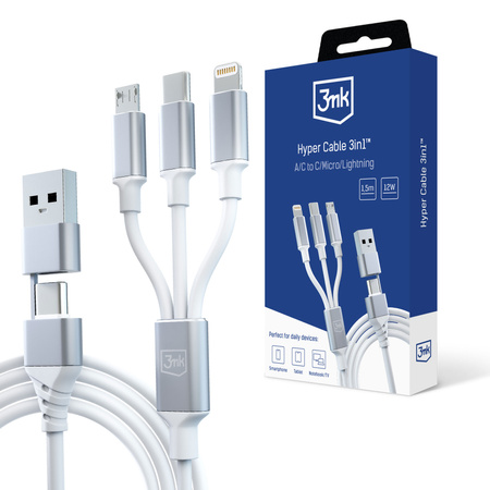 3MK KABEL HYPER 3w1 1,5m Biały USB-A/C do Micro/USB-C/Lightning
