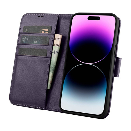 iCarer Wallet Case 2in1 etui iPhone 14 Pro skórzany pokrowiec z klapką Anti-RFID ciemnofioletowy (WMI14220726-DP)