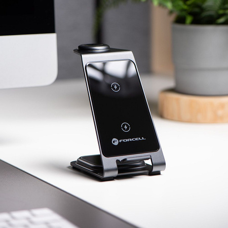 Ładowarka indukcyjna Forcell F-Energy 3w1 Simply Charge kompatybilna z Apple Watch i Samsung Watch szara