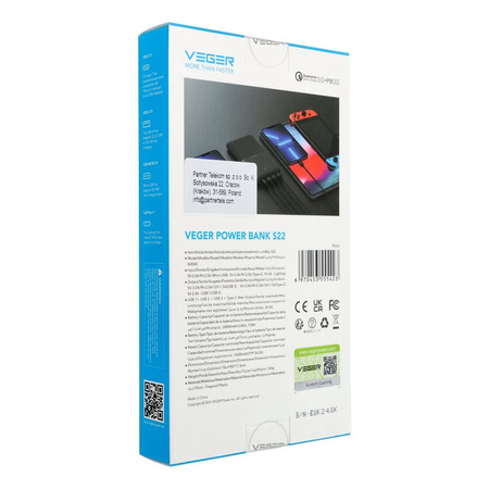 VEGER powerbank 20000 mAh PD QC3.0 3A 20W S22 (W2060) czarny