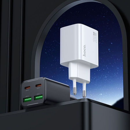 Ładowarka sieciowa do telefonu Hoco 2 x USB C + 2 x USB A QC3.0 PD 3A 20W + kabel USB C do USB C N55 biała