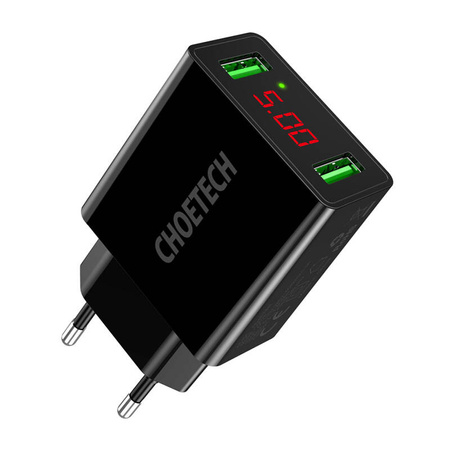 Choetech dual-port wall charger with digital display 11W 2 x USB-A EU plug black (C0028)