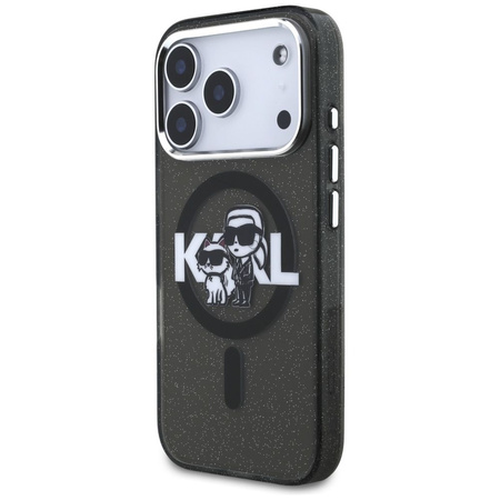 Karl Lagerfeld nakładka Magsafe IML glitter case metal camera frame and buttons Karl and Choupette sketch logo do iPhone 17 Pro transparentna