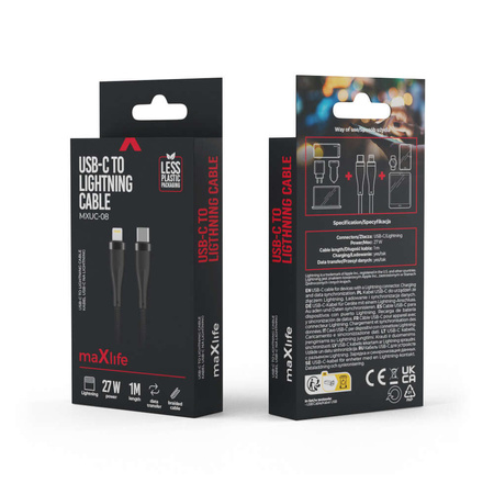 Maxlife kabel MXUC-08 USB-C - Lightning 1,0 m 27W czarny nylonowy