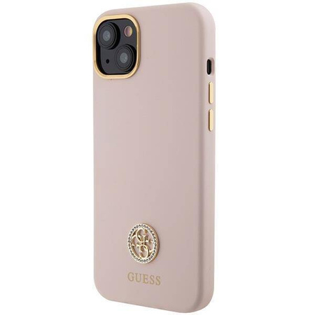 Guess Silikon Logo Strass 4G Hülle für iPhone 15 - Hellrosa