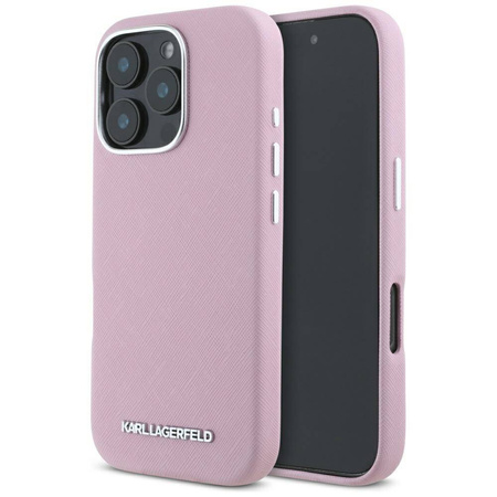 Original Handyhülle IPHONE 16 PRO MAX Karl Lagerfeld Saffiano Full Wrapped Elongated Metal Logo MagSafe rosa
