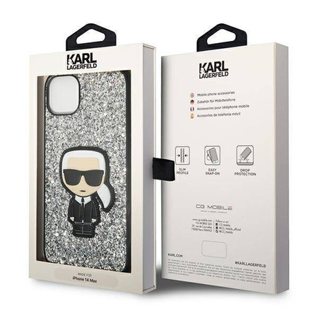 Original Handyhülle IPHONE 14 PLUS Karl Lagerfeld Hardcase Glitter Flakes Ikonik (KLHCP14MGFKPG) silber