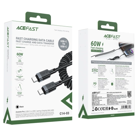 Acefast C14-03 USB-C - USB-C Federkabel 480Mb/s 3A 1,2m - Schwarz