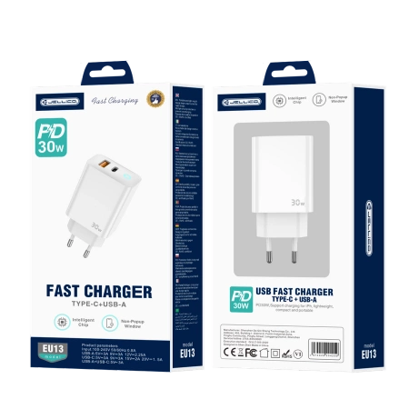 JELLICO Netz-Ladegerät EU13 GaN PD 30W 1xUSB-C + 1xUSB QC3.0 weiss