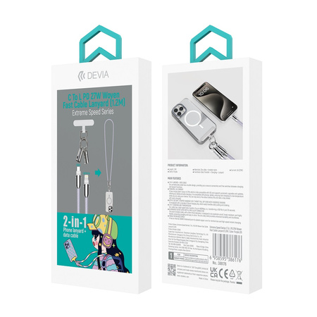 Devia kabel uniwersalna smycz 2w1 PD USB-C - Lightning 1,2 m 27W lawendowy