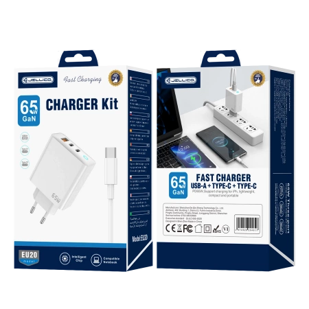 JELLICO Netz-Ladegerät EU20 GaN PD 65W 2xUSB-C + 1xUSB QC3.0 + Kabel USB-C - USB-C weiss