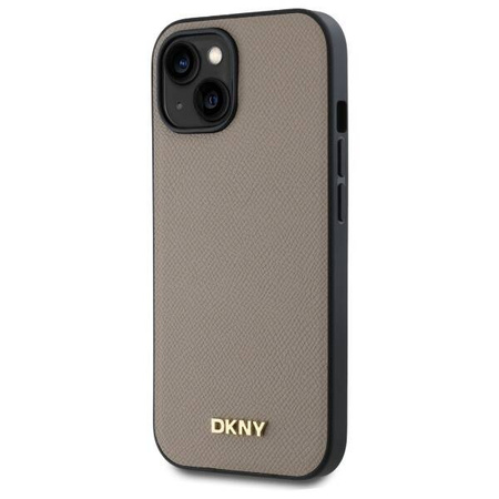 Etui DKNY Grained Metal Logo MagSafe na iPhone 15 - beżowe