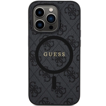 Guess 4G Collection MagSafe-Hülle aus Leder und Metalllogo für iPhone 14 Pro Max – Schwarz