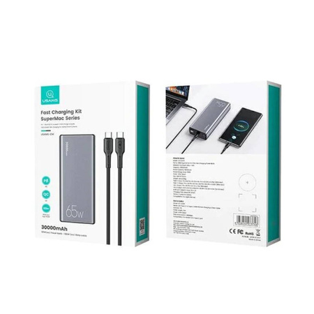 Powerbank 30000mAh  65W 2x QC3.0 USB + USB-C PD + Cable USB-C - USB-C USAMS PB59 grey