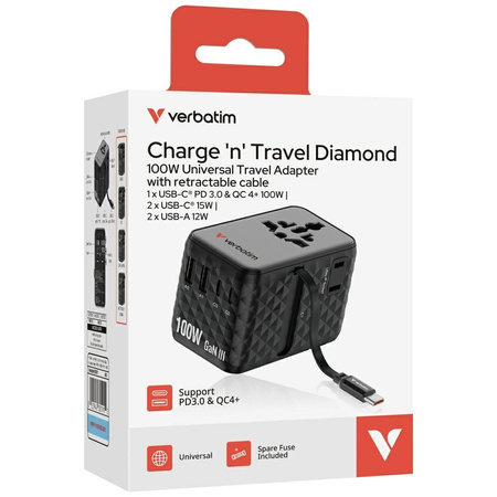 Verbatim Adapter podróżny EU/UK/US GaN   2xUSB-C/2xUSB-A/1xUSB-C PD 100W czarny 30191