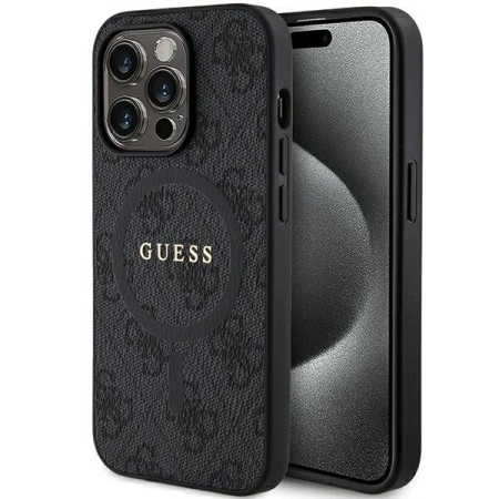Guess 4G Collection MagSafe-Hülle aus Leder und Metalllogo für iPhone 14 Pro Max – Schwarz