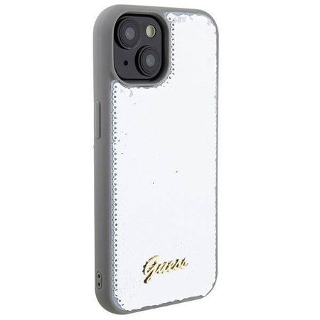 Etui Guess Sequin Script Metal na iPhone 15 - srebrne
