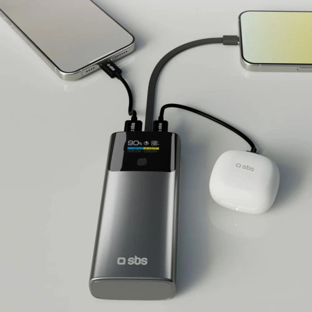 Powerbank SBS 10000mAh PD 20W z wyświetlaczem LCD i wbudowanym kablem USB-C - szary